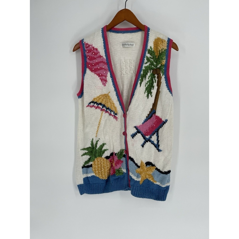Vintage 3D Knit Sweater‎ Vest Beach Theme Embellished by Marisa Christina